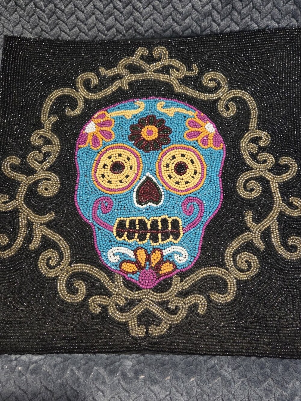 Hand-Beaded Sugar Skull Wall Art  - Black & Turquoise Halloween